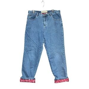 Cabelas Casuals Womens 16R Flannel Lined Jeans Medium Wash Red Snowflake Fleece